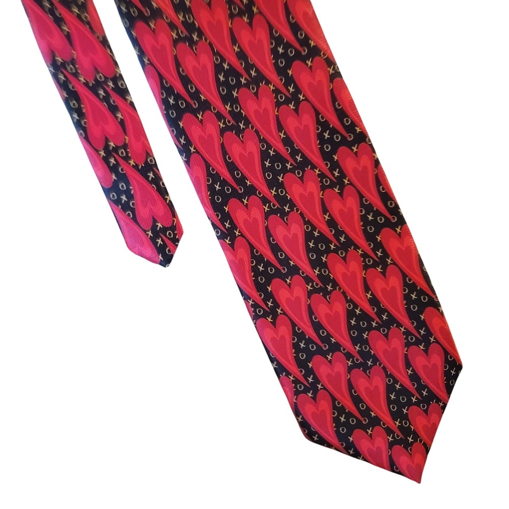 Mens Red Hearts XO Silk Necktie Black Romantic‎ Valentines Day Silk Tie